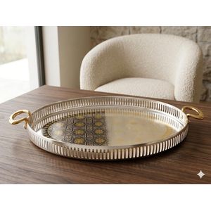 Plateau 47/30cm ovale argenté et détail doré avec anses à servir ou présentation en inox 18 crt très haute qualité model dama 
