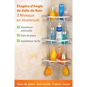 Étagère d’Angle de Salle de Bain en Aluminium – 3 Niveaux, Antirouille, Fixation Murale