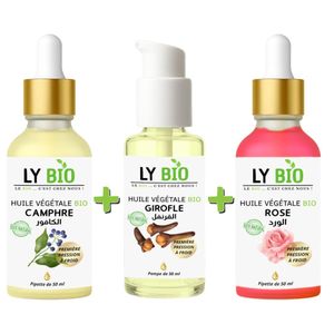 LY BIO PACK HUILE CAMPHREE 50ML - PIPETTE + HUILE GIROFLE 50ML - POMPE + HUILE ROSE 50ml - PIPETTE