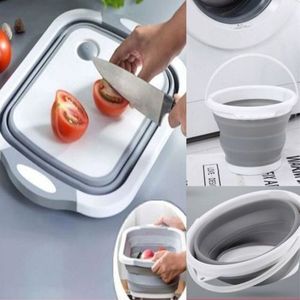 لوح تقطيع الخضر قابل للطي وحوض غسل في نفس الوقت+دلو  سطل قابل للطي للتنظيف دلخل وخارج المنزل، سلة خضروات فواكه مصفاة تغسل وتصرف تحتوي على بالوعة 3 في 1 أداة مطبخ متعددة الوظائف