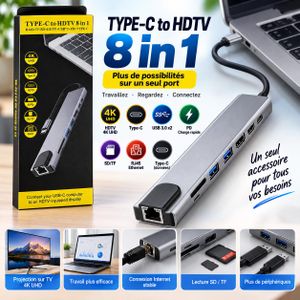 Adaptateur Hub USB C 8 en 1 Multiport Type C Vers HDTV 4K Ethernet RJ45 Lecteur Carte SD TF Port USB 3.0 Charge Rapide PD Station D Accueil PC Portable Tablette Aluminium