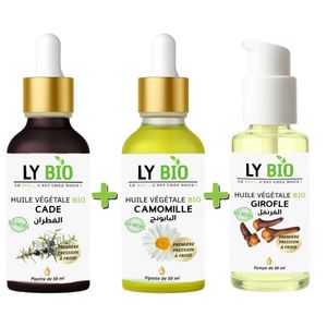 LY BIO PACK HUILE CADE 50ML - PIPETTE + HUILE CAMOMILLE 50ML - PIPETTE + HUILE GIROFLE 50ML - POMPE