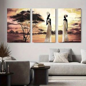 لوحة حائط أفريقية كلاسيكية مع ظلال النساء الأنيقات وشجرة الأكاسيا عند الغروب 3 قطع 60x40 سم - كانفاس HD خشب داخلي