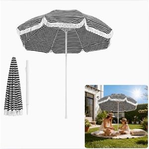 General Parasol de Jardin Rayé Noir & Blanc avec Franges – Parasol de Terrasse et Plage Anti-UV