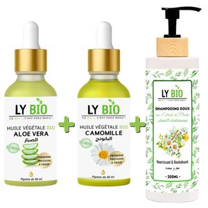 LY BIO PACK HUILE ALOE VERA 50ml - PIPETTE + HUILE CAMOMILLE 50ML - PIPETTE + SHAMPOOING AUX EXTRAITS DE PLANTES 200ML