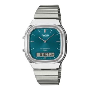 Casio Vintage retro au style arrondi & moderne - Unisexe - Fond vert - Double montres au bracelet métallique - AQ-240E-3A