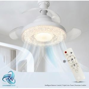 Ventilateur de plafond rétractable blanc avec éclairage tricolore