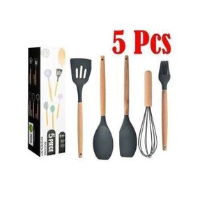 set d'ustensiles de cuisine en silicone et bois, Antiadhésif, 5 Pieces