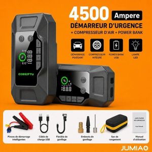 Démarreur moteur et voiture de secours et compresseur d'air, lumière ,démarrage de batterie de voiture portable  150 PSI, boîtier de démarrage 12 V avec charge rapide USB, pour moteur essence jusqu'à 9 / diesel , 3 modes d'éclairage / grand écran LCD