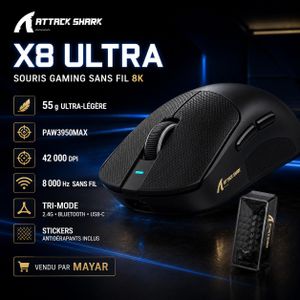 ATTACK SHARK X8 ULTRA – Souris Gaming Sans Fil Tri-Mode 8K, Capteur PAW3950MAX 42 000 DPI, 55 g, Puce Nordic 52840, Switchs Omron 100 Millions de Clics et Batterie 500 mAh