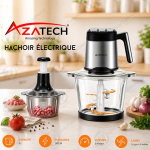 AZATECH Hachoir 12 en 1 Électrique 3L Multifonction Lames Inox, 300W, 3 Vitesses