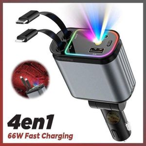 Chargeur Voiture 4-en-1 66W Rapide – Câbles Rétractables + Ports USB – Lumière Étoilée Starry Sky – RGB Multicolore – Pour iPhone & Android – Anti-Enchevêtrement
