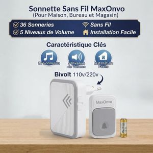 جرس باب لاسلكي MaxOnvo – 36 نغمة، سهل التركيب وبمدى إرسال جيد