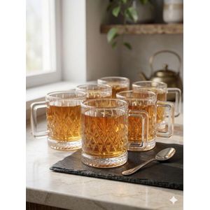 6 Tasses  à Thé et Café en Verre Givré avec Motif avec poignee - 250ml - Transparente-coffret de 6 