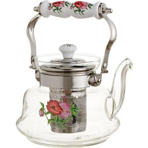 Théière en Verre Résistant à la Chaleur avec Poignée Mobile en Motif Porcelaine 1 litre