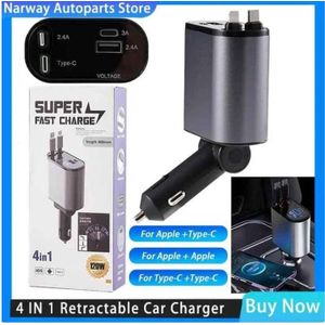Chargeur de voiture 120W Avec Cable Intégré rétractable Lightning + Type-C