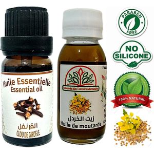 Palmarès des terroirs Marocains Huile végétale de moutarde 100% naturel (soins capillaires, antichute, pellicules) 60ml + Huile essentielle Clou de Girofle 100% Naturel -10ml