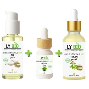 LY BIO PACK HUILE AIL 50ML - POMPE + HUILE ESSENTIEL MENTHE 10ML + HUILE RICIN 50ml - PIPETTE