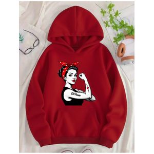 سترة بقلنسوة نسائية ذات تصميم قديم وعبارة "Female Power" وطباعة عقدة حمراء - سترة صوفية خضراء، ملابس شارع غير رسمية لكل الفصول، قابلة للغسل في الغسالة، نسيج ناعم، سترة بقلنسوة مطبوعة