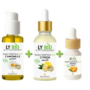 LY BIO PACK HUILE CAMOMILLE 50ML - POMPE + HUILE CITRON 50ML - PIPETTE + HUILE ESSENTIEL ORANGE 10ML