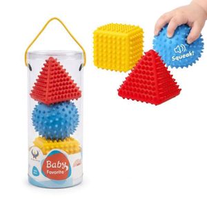 Balles Sensorielles Éducatives pour Bébé avec Picots Texturés et Effet Sonore Squeak Jouets d'Éveil Tactile et Visuel Formes Géométriques Variées Pyramide Cube et Sphère Couleurs Vives Rouge Jaune et Bleu pour Motricité Fine et Préhension des Petits