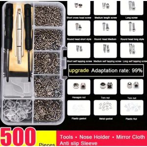 Kit de réparation de lunettes de 500 pièces comprenant vis, écrous et plaquettes nasales pour lunettes de mode, outils de réparation optique et pièces détachées pour lunettes, bijoux et montres de mode.