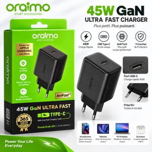 Oraimo Chargeur PowerGaN 451 45W GaN USB-C Ultra Fast OCW-5451ECC avec Câble USB Type-C vers USB-C – Charge Rapide PD 3.0 & QC 4.0+ 45 W USB C Charger