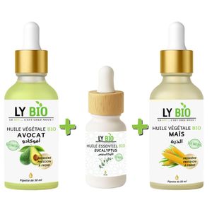 LY BIO PACK HUILE AVOCAT 50ml - PIPETTE + HUILE ESSENTIEL EUCALYPTUS 10ML + HUILE MAIS 50ML - PIPETTE