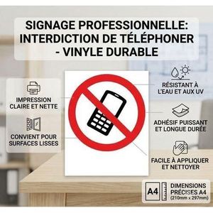 Sticker Autocollant Interdiction de Téléphoner - Format A4 - Signalisation de Sécurité Rouge et Blanc