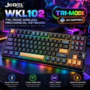 Jedel Clavier Gaming Mécanique WKL102 Sans Fil Tri-Mode – Bluetooth 5.3, 2.4 GHz, USB-C, 88 Touches, Switch Blue Hot-Swap, Rétroéclairage RGB et Batterie 4000 mAh – Noir