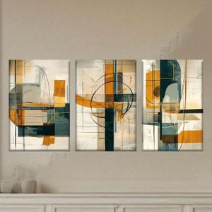 Tableau Abstrait Géométrique Moderne Lot de 3 Panneaux Orange Bleu Canard Beige Décoration Murale Salon