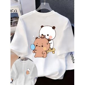 T-shirt basique imprimé tendance pour femme, T-shirt doux et polyvalent avec un motif imprimé mignon et réconfortant d'un panda et d'un ours interagissant avec un miroir à main, T-shirt à manches courtes, Convient pour une tenue décontractée, Haut éléga