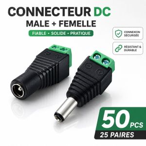 Connecteur DC Mâle Femelle 5.5 x 2.1 mm à Vis – Lot de 50 Pièces (25 Paires) Alimentation LED CCTV