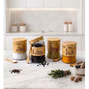 Set de 10 pots à épices en verre avec couvercle effet bois  - Design élégant pour organiser la cuisine