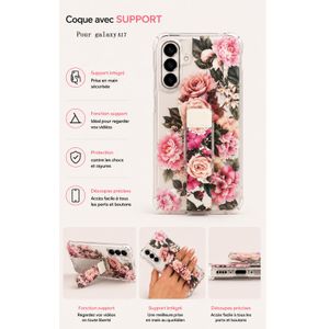 Coque pochette style fashion pour Samsung A17 avec motif floral et sangle+ support intégré