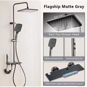 Ferri colonne douche piano thermostatique slim avec led d’ambiance atmosphérique avec robinet black-miroir pour salle de bain 