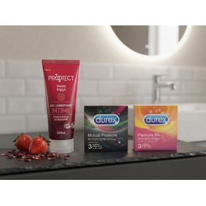 Protect Pack Intime Stimulation Maximale :  Fraise Gel Lubrifiant Intime Stimulateur d'Orgasme 100% Vegan (100 ml), Durex Mutual Pleasure (Boîte de 3) & Durex Pleasure Me (Boîte de 3)