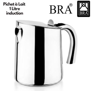 Bra Pichet à Lait Capacité 1 Litre En Inox 18/10 Poli Miroir, Mousseur Barista, Bec Verseur Précis, Résistant, Idéal Cappuccino Latte, Pot à lait Compatible Lave-Vaisselle