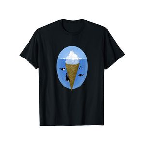 T-shirt Graphique pour Homme - Motif Cône de Glace et Iceberg, Noir avec Imprimé Ciel Bleu et Nuages, Col Rond, Manches Courtes, Parfait pour une Tenue Décontractée d'Été