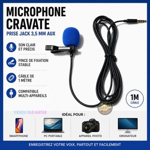 Microphone Cravate Filaire Jack 3,5 mm AUX – Câble 1 m – Micro Clip-On pour Smartphone, PC Portable et Appareil Photo – Enregistrement Audio Clair