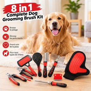 Kit de Toilettage 8-en-1 pour Chien et Chat – Brosse Double Face, Brosse Slicker, Peigne Anti-Nœuds, Peigne Anti-Puces, Coupe-Griffes avec Lime, Gant Retire-Poils et Accessoires de Soin