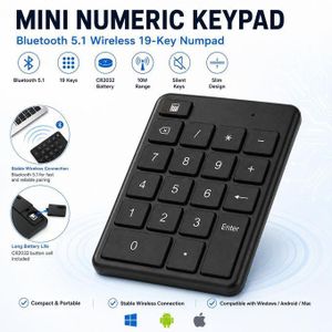 Mini Pavé Numérique Sans Fil Bluetooth 5.1, 19 Touches, Clavier Numérique Compact avec Pile CR2032 pour PC, Laptop, Tablette, Android et Mac