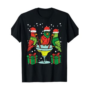 T-shirt LocalFunny Perroquets de Noël Père Noël - T-shirt de fêtes noir avec motif de fête cocktail Père Noël et perroquets - T-shirt épais en coton 180 g/m² pour homme et femme - Coupe droite décontractée pour fête de Noël