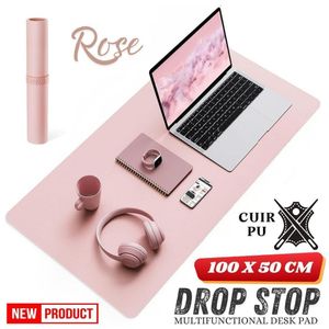 Drop Stop Tapis de bureau (100 * 50cm) Sous-main antidérapant en Cuir PU, imperméable, protège les surfaces, ultra mince, facile à nettoyer, pour ordinateur portable, écriture, bureau, maison, décoration,  (Rose)