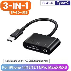 Lecteur de carte SD TF noir 3-en-1 de type C, adaptateur LightningUSB-A Plug & Play pour iPhone 15 14 iPadAndroidPhonePC CameraUDiskFileCopy