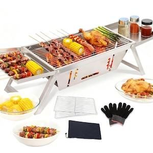 Barbecue de Camping Pliable en Acier Inoxydable – Grill à Charbon Portable avec 2 Tablettes Latérales