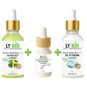 LY BIO PACK HUILE AVOCAT 50ml - PIPETTE + HUILE ESSENTIEL EUCALYPTUS 10ML + HUILE GLYCERINE 50ml - PIPETTE