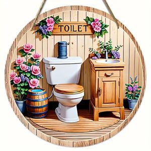 Plaque Ronde en Bois Vintage Imprimée "The Rustic Restroom" pour Décoration Murale, 1 Pièce - Convient aux Murs de Maison, Clubs et Cafés (7.8x7.8 pouces / 20*20 cm), Parfaite pour la Décoration d'Intérieur