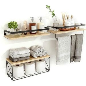 Étagères flottantes en bois pour salle de bain, étagère murale pour toilettes, organiseur de salle de bain avec cadre en métal, étagère de salle de bain avec panier de rangement