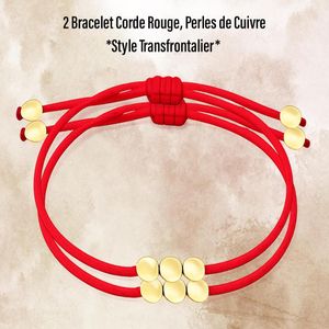 2 Bracelets Bohèmes Rouge avec Perles de Cuivre *Style Bohème Corde Créatif* Tressage Irrégulier Main, Pompon à Cordon Coulissant, Nickel-Free, Anti-Oxydation, Ultra Résistants, Unisexe-Idéal Cadeau.